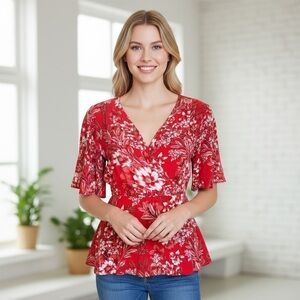 River Island Red Tropical Floral Faux Wrap Deep V Blouse Medium